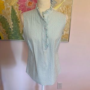 seer sucker sleeveless top ruffle collar